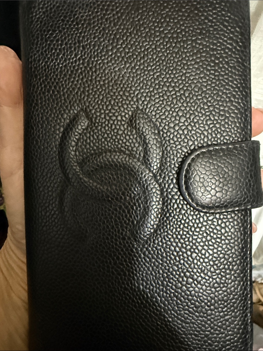 CHANEL Black Pebbled Leather Snap Wallet with Embossed CC